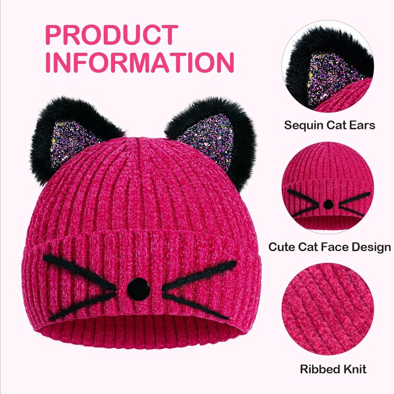 ACTLATI Kids Girls Sequin Cat Ears Hats Winter Knitted Beanie Hat for Outdoor Snow Ski Skull Cap Ages 7-12 - Image 4